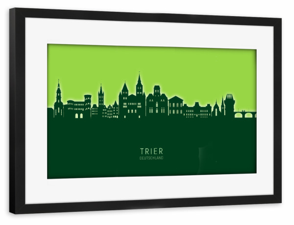 Poster mit Rahmen schwarz "Trier Germany Skyline Glow Green" artboxONE - Städte