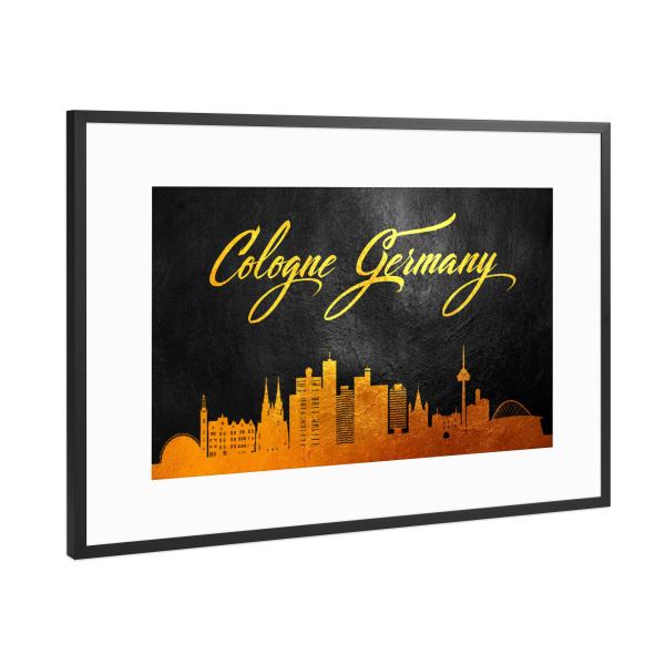 Poster mit Rahmen Schwarz (Metallic) "Cologne Germany Gold Skyline" artboxONE - Städte / Köln,Typografie