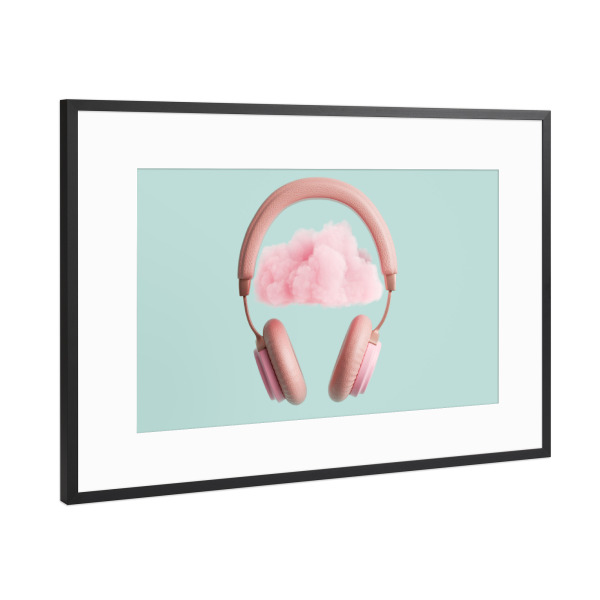 Poster mit Rahmen Schwarz (Metallic) "Pink headphones with cloud" artboxONE - Musik