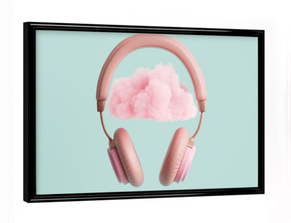 Poster mit schwarzem Rahmen "Pink headphones with cloud" artboxONE - Musik