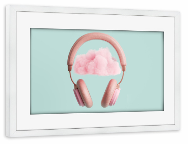 Poster mit Rahmen weiß "Pink headphones with cloud" artboxONE - Musik
