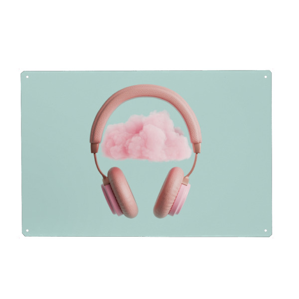 Metall Poster "Pink headphones with cloud" artboxONE - Musik - Headphones,Cloud,Idea,Creativity,Thoughts,Thinking,Musik,Music,Kopfhörer,Collage