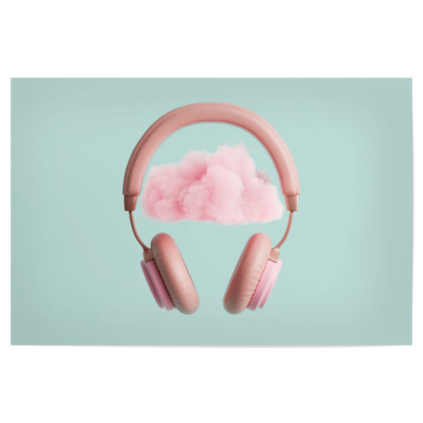 Poster "Pink headphones with cloud" artboxONE - Musik - Headphones,Cloud,Idea,Creativity,Thoughts,Thinking,Musik,Music,Kopfhörer,Collage