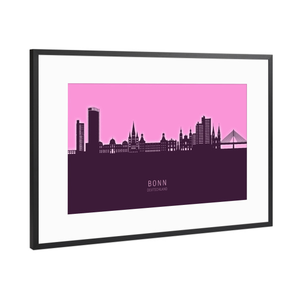 Poster mit Rahmen Schwarz (Metallic) "Bonn Germany Skyline Glow Pink" artboxONE - Städte