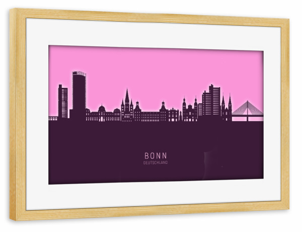 Poster mit Rahmen kiefer "Bonn Germany Skyline Glow Pink" artboxONE - Städte - Bonn,Deutschland,Skyline,Cityscape,Stadtbild,Watercolor,Painting