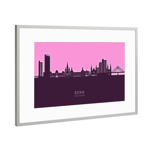 Poster mit Rahmen Silber "Bonn Germany Skyline Glow Pink" artboxONE - Städte - Bonn,Deutschland,Skyline,Cityscape,Stadtbild,Watercolor,Painting