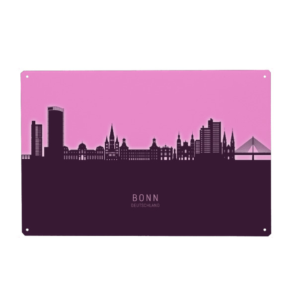 Metall Poster "Bonn Germany Skyline Glow Pink" artboxONE - Städte - Bonn,Deutschland,Skyline,Cityscape,Stadtbild,Watercolor,Painting - Blechschild