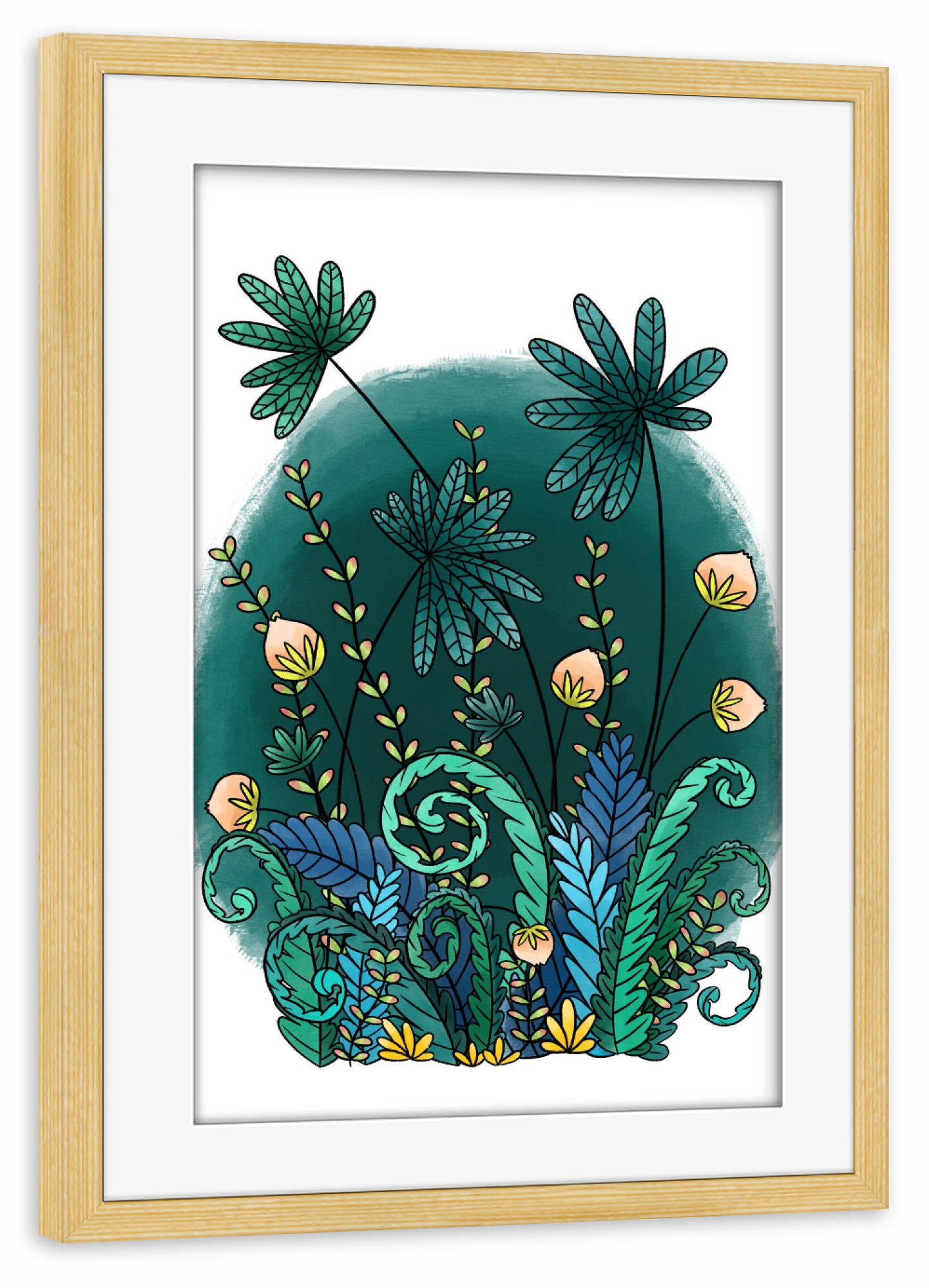 Poster mit Rahmen kiefer "Dschungelgrün" artboxONE - Natur,Floral,Abstrakt - Dschungel,Grün,Illustration,Floral,Jungle,Natur,Nature,Pflanze,Plant