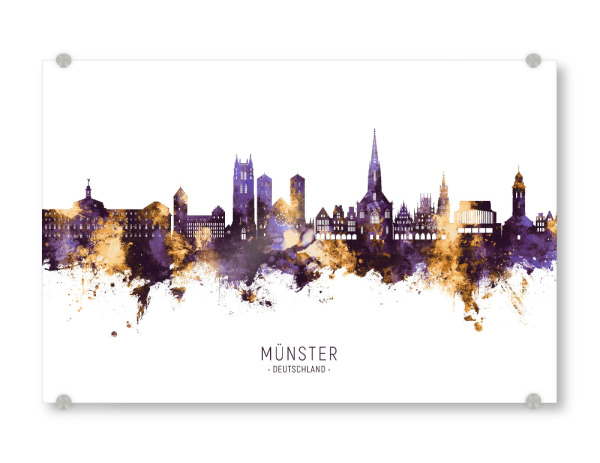 Acrylglasbild "Münster Skyline PurpleGold" artboxONE - Städte - Münster,Deutschland,Skyline,Cityscape,Stadtbild,Watercolor,Painting,City,Stadt,Germany