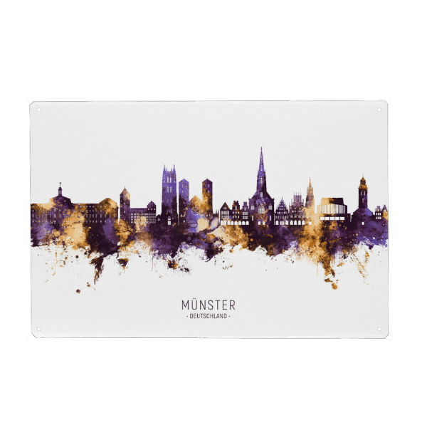 Holzbild "Münster Skyline PurpleGold" artboxONE - Städte - Münster,Deutschland,Skyline,Cityscape,Stadtbild,Watercolor,Painting,City,Stadt,Germany