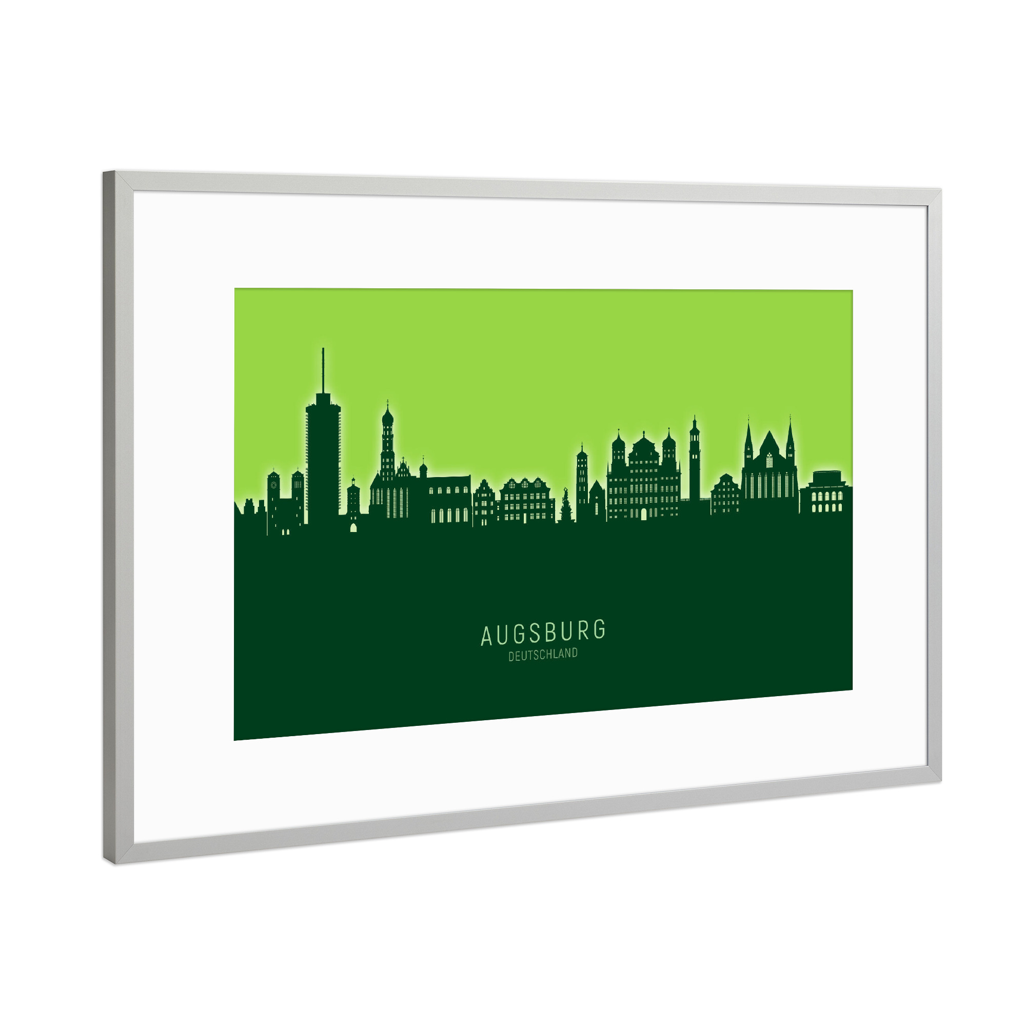 Poster mit Rahmen Silber "Augsburg Skyline Glow Green" artboxONE - Städte - Augsburg,Deutschland,Skyline,Cityscape,Stadtbild,Watercolor,Painting