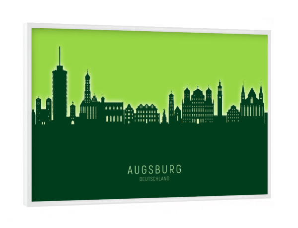 Poster mit weißem Rahmen "Augsburg Skyline Glow Green" artboxONE - Städte - Augsburg,Deutschland,Skyline,Cityscape,Stadtbild,Watercolor,Painting