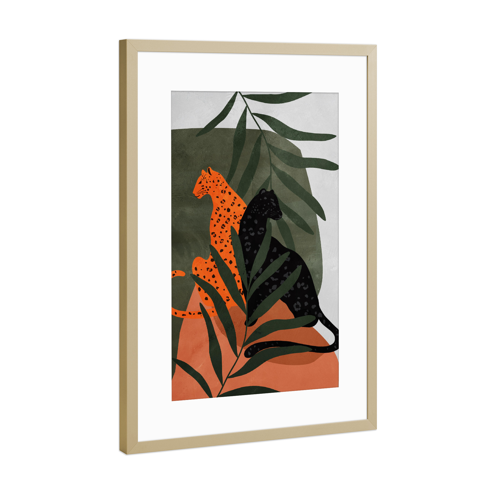Poster mit Rahmen Gold "Big Cats with leaves" artboxONE - Floral,Tiere,Abstrakt