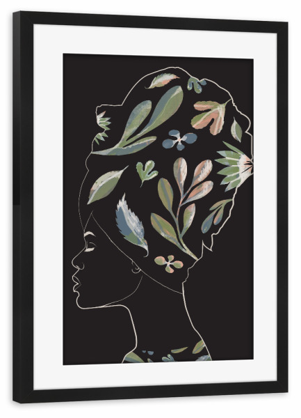 Poster mit Rahmen schwarz "African Plant Black" artboxONE - Abstrakt,Menschen - Woman,Women,Leaf,Black,Frau,Bunt,Colorful,Blätter,Plant,Pflanzen,Afro