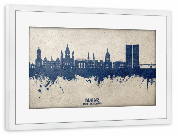 Poster mit Rahmen weiß "Mainz Germany Skyline PaintBlue" artboxONE - Städte