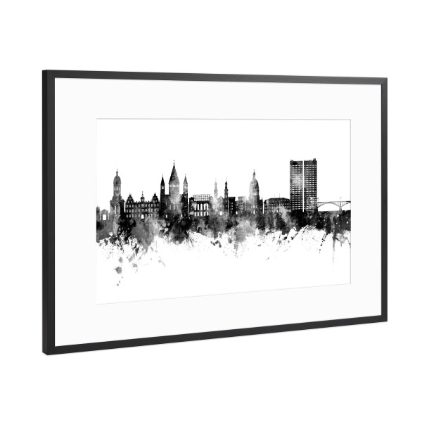 Poster mit Rahmen Schwarz (Metallic) "Mainz Germany Skyline Black" artboxONE - Städte,Schwarzweiß