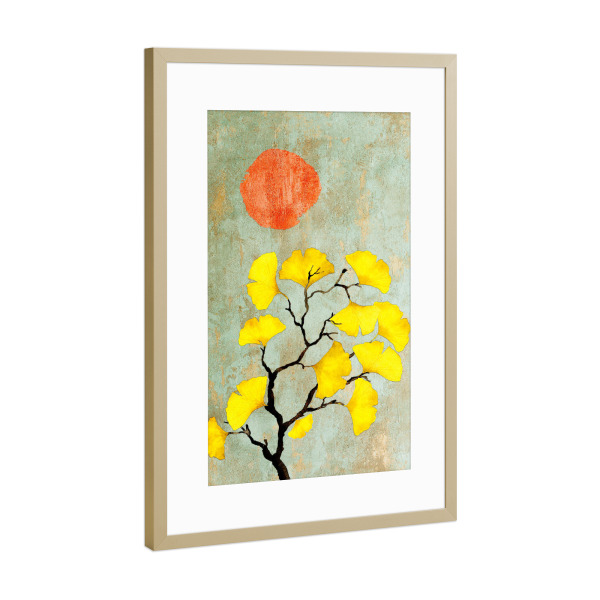 Poster mit Rahmen Gold "Ginko and sun" artboxONE - Natur,Floral