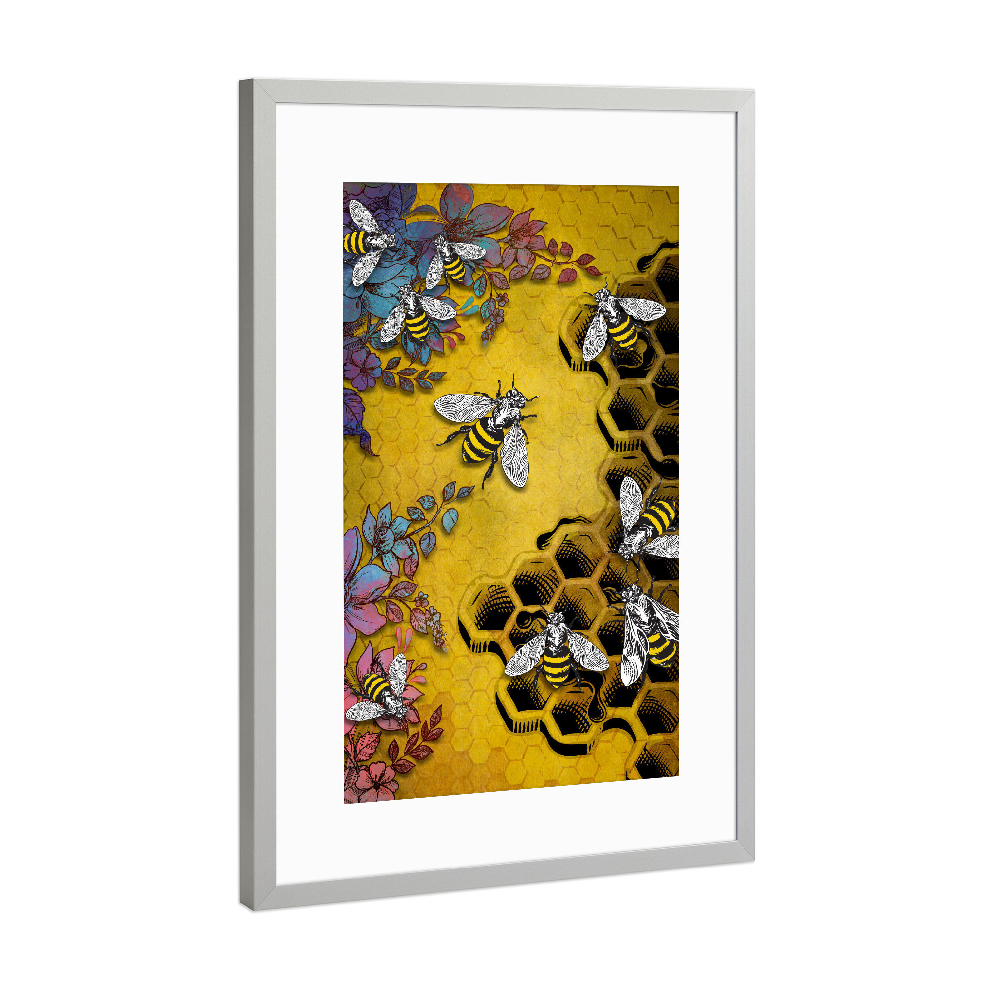 Poster mit Rahmen Silber "Bee and honey" artboxONE - Für Kinder,Tiere - Bee,Honey,Flower,Animal,For children,Food,Nature,Bienen,Blumen