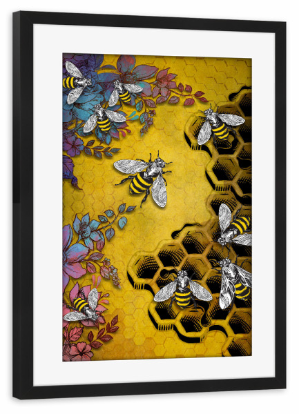 Poster mit Rahmen schwarz "Bee and honey" artboxONE - Für Kinder,Tiere - Bee,Honey,Flower,Animal,For children,Food,Nature,Bienen,Blumen