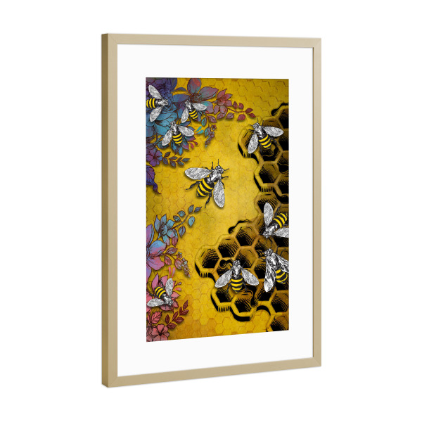Poster mit Rahmen Gold "Bee and honey" artboxONE - Für Kinder,Tiere - Bee,Honey,Flower,Animal,For children,Food,Nature,Bienen,Blumen