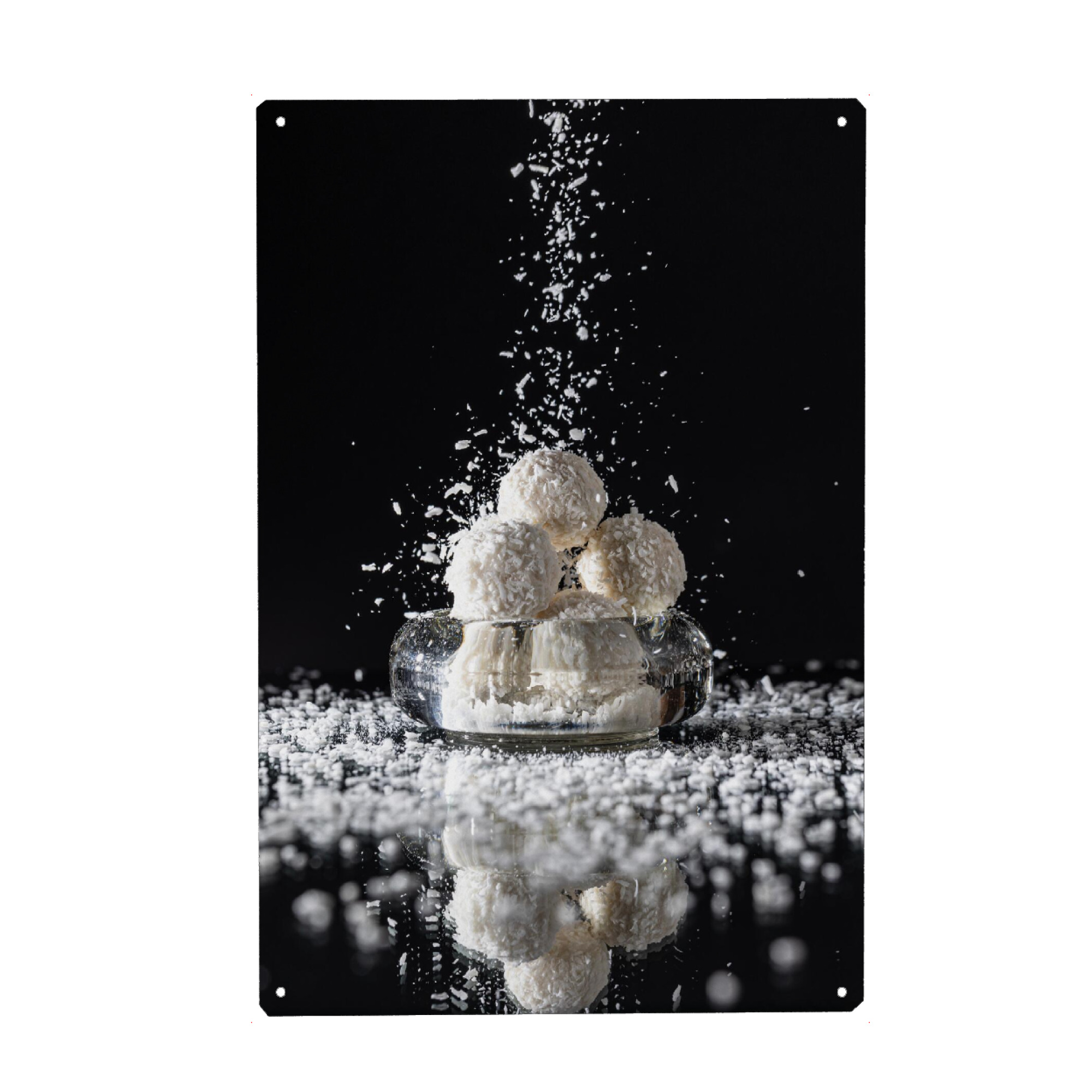 Holzbild "Kokos-Versuchung" artboxONE - Essen & Trinken - Kokos,Raffaelo,Pralinen,Schokolade,Schwarz,Weiß,Essen
