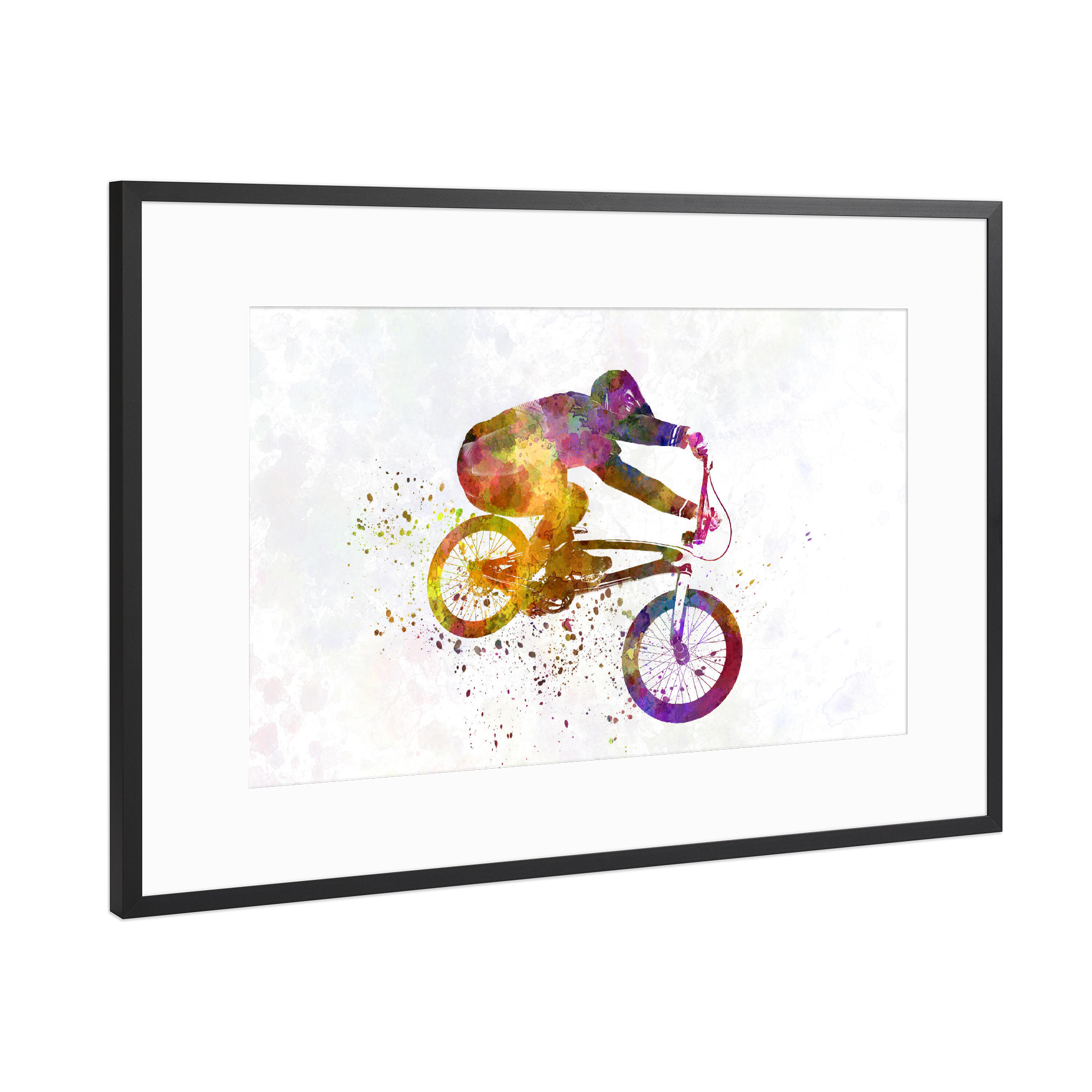 Poster mit Rahmen Schwarz (Metallic) "Bmx cyclist in watercolor-e" artboxONE - Abstrakt,Sport
