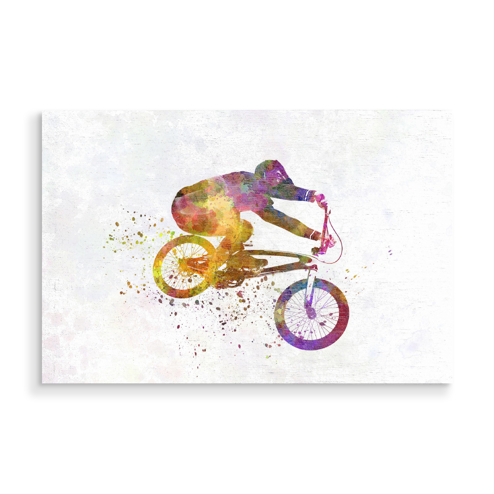 Holzbild "Bmx cyclist in watercolor-e" artboxONE - Abstrakt,Sport - Sport,Sports,Watercolor,Color,Bmx,Cyclist,Rider,Bicycle,Pirouette,Jump,Competition