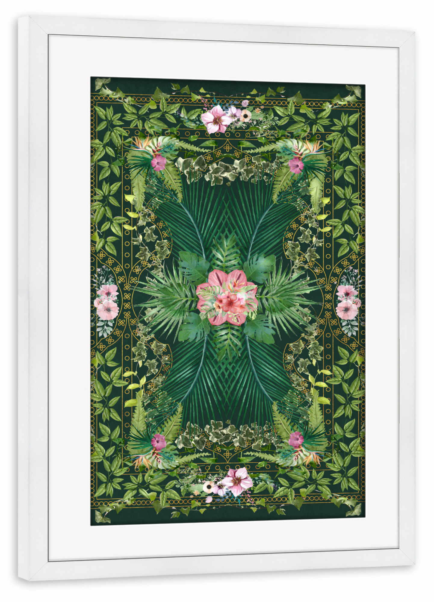 Poster mit Rahmen weiß "Dark Tropical Foliage Lattice" artboxONE - Natur,Floral