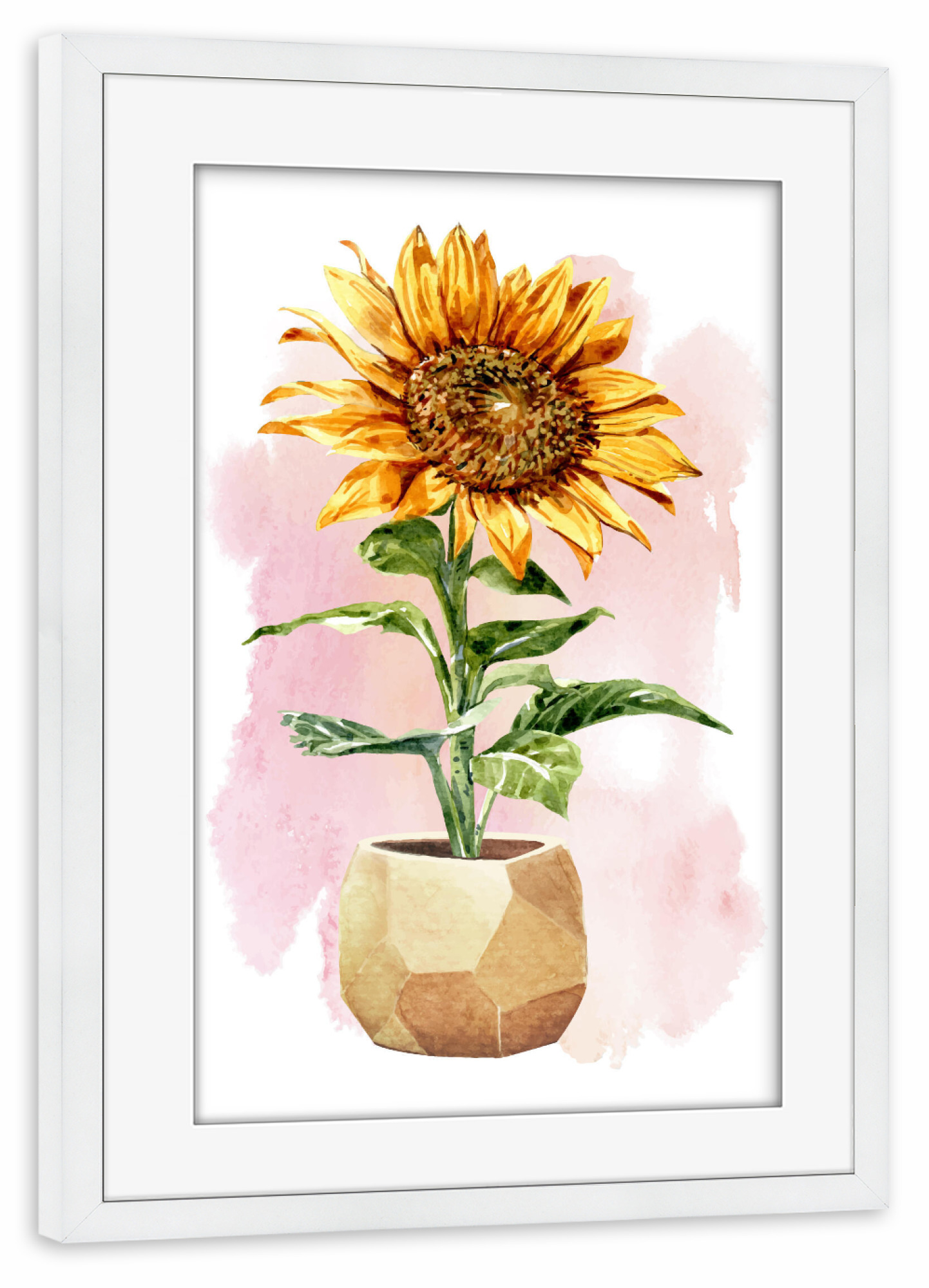 Poster mit Rahmen weiß "Sonnenblume im Topf" artboxONE - Natur,Floral - Blume,Pflanze,Blüte,Blatt,Topf,Erde,Natur,Flora,Sonne,Grün,Gelb
