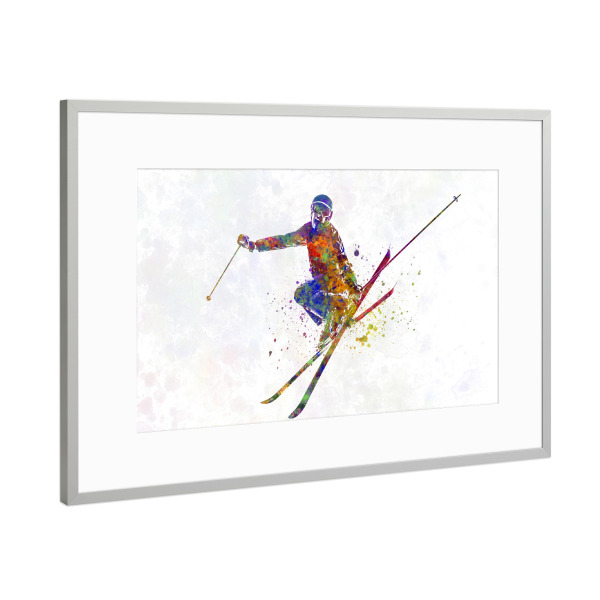 Poster mit Rahmen Silber "Female skier in watercolor" artboxONE - Abstrakt,Sport