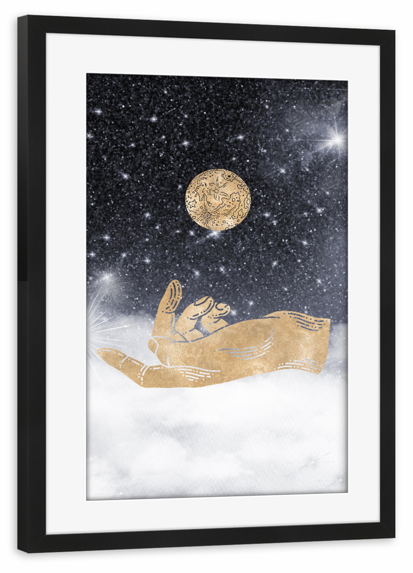 Poster mit Rahmen schwarz "Hand fängt Welt" artboxONE - Natur,Abstrakt,Fiktion,Galaxy