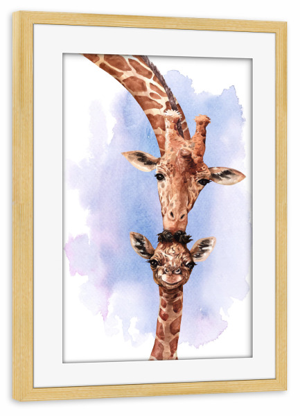 Poster mit Rahmen kiefer "Giraffe mit Kalb" artboxONE - Natur,Tiere - Giraffe,Jungtier,Tier,Mama,Kind,Kalb,Aquarell,Animal,Child,Mother