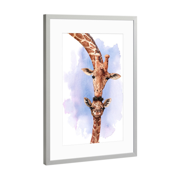 Poster mit Rahmen Silber "Giraffe mit Kalb" artboxONE - Natur,Tiere - Giraffe,Jungtier,Tier,Mama,Kind,Kalb,Aquarell,Animal,Child,Mother