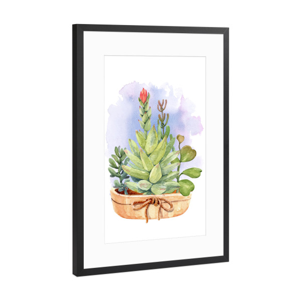 Poster mit Rahmen Schwarz (Metallic) "Topf mit Sukkulenten" artboxONE - Natur,Floral - Blume,Blüte,Topf,Ton,Grün,Flora,Pflanze,Plant,Flower,Blumen