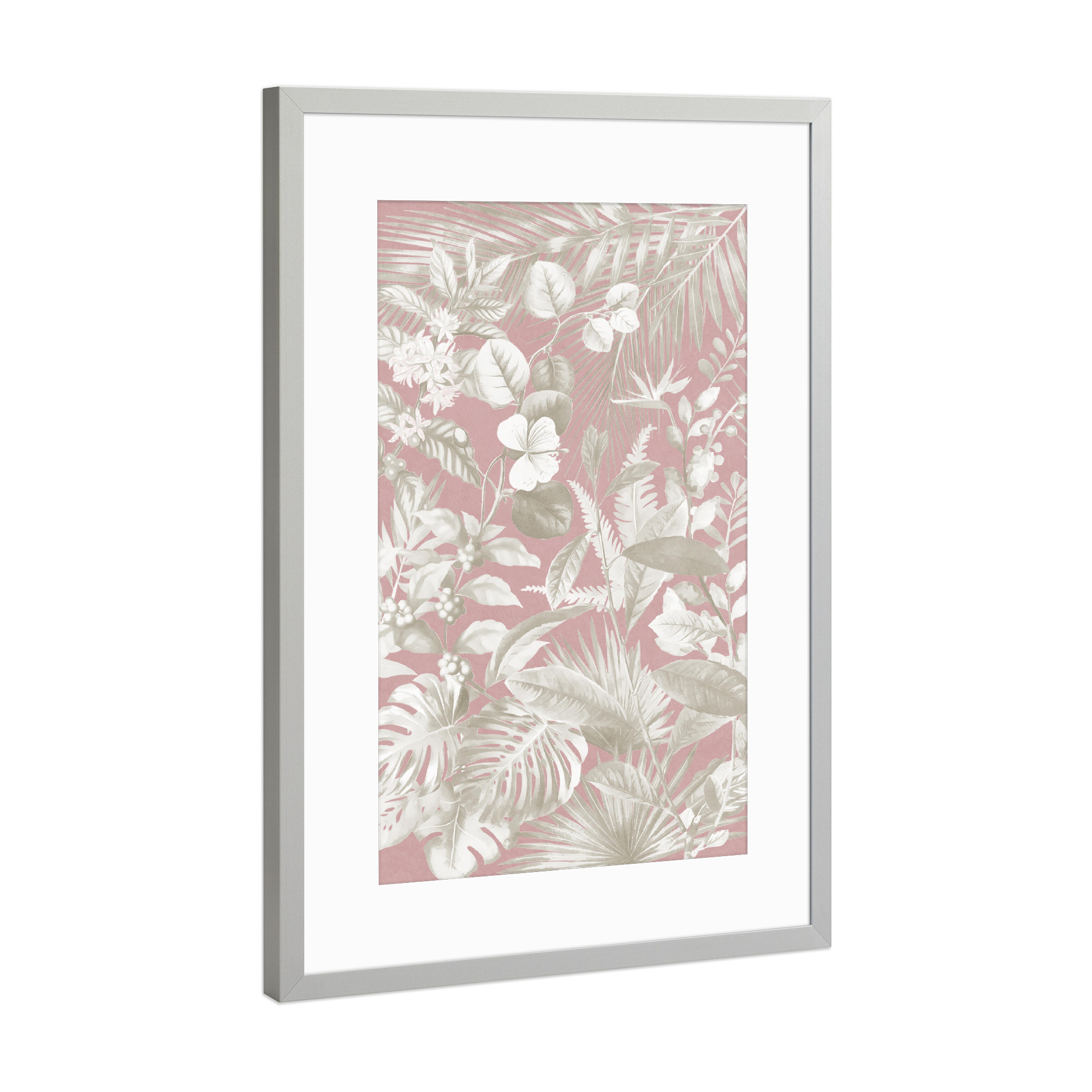 Poster mit Rahmen Silber "Laub Beige auf Rosa" artboxONE - Natur,Floral