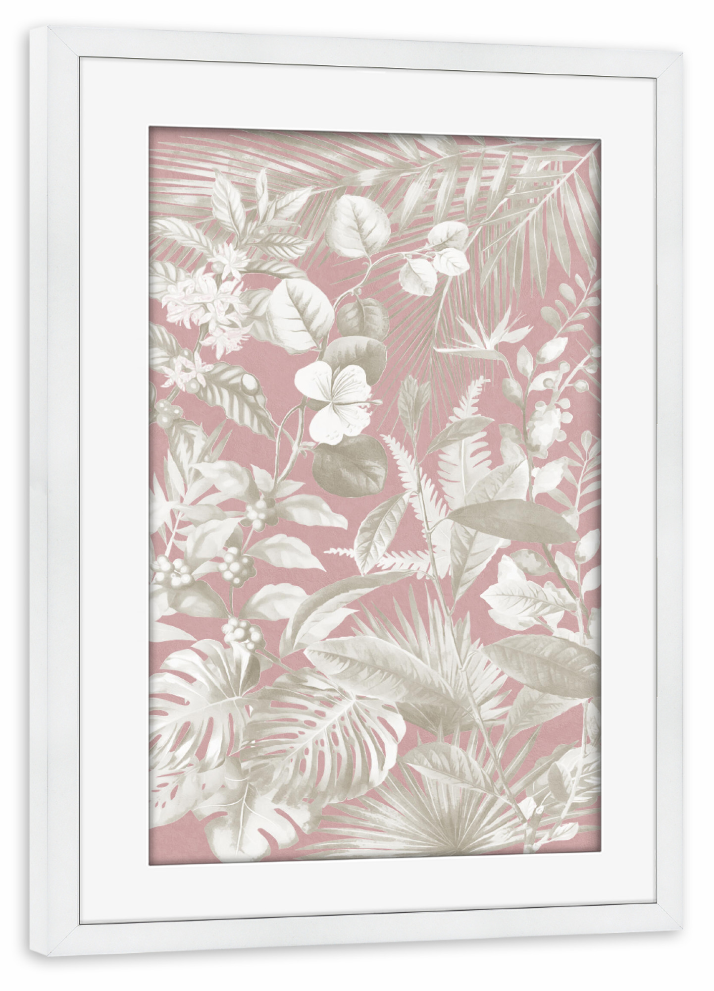 Poster mit Rahmen weiß "Laub Beige auf Rosa" artboxONE - Natur,Floral - Dschungel,Natur,Tropisch,Laub,Palme,Morandi,Pastell,Botanisch,Pflanze,Blätter