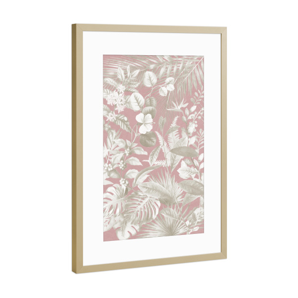 Poster mit Rahmen Gold "Laub Beige auf Rosa" artboxONE - Natur,Floral - Dschungel,Natur,Tropisch,Laub,Palme,Morandi,Pastell,Botanisch,Pflanze,Blätter