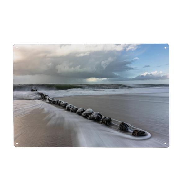 Holzbild "Wellen weichgezeichnet - Sylt" artboxONE - Reise / Strand und Meer - Wellen,Wasser,Meer,Sylt,Buhnen,Strand,Langzeitbelichtung