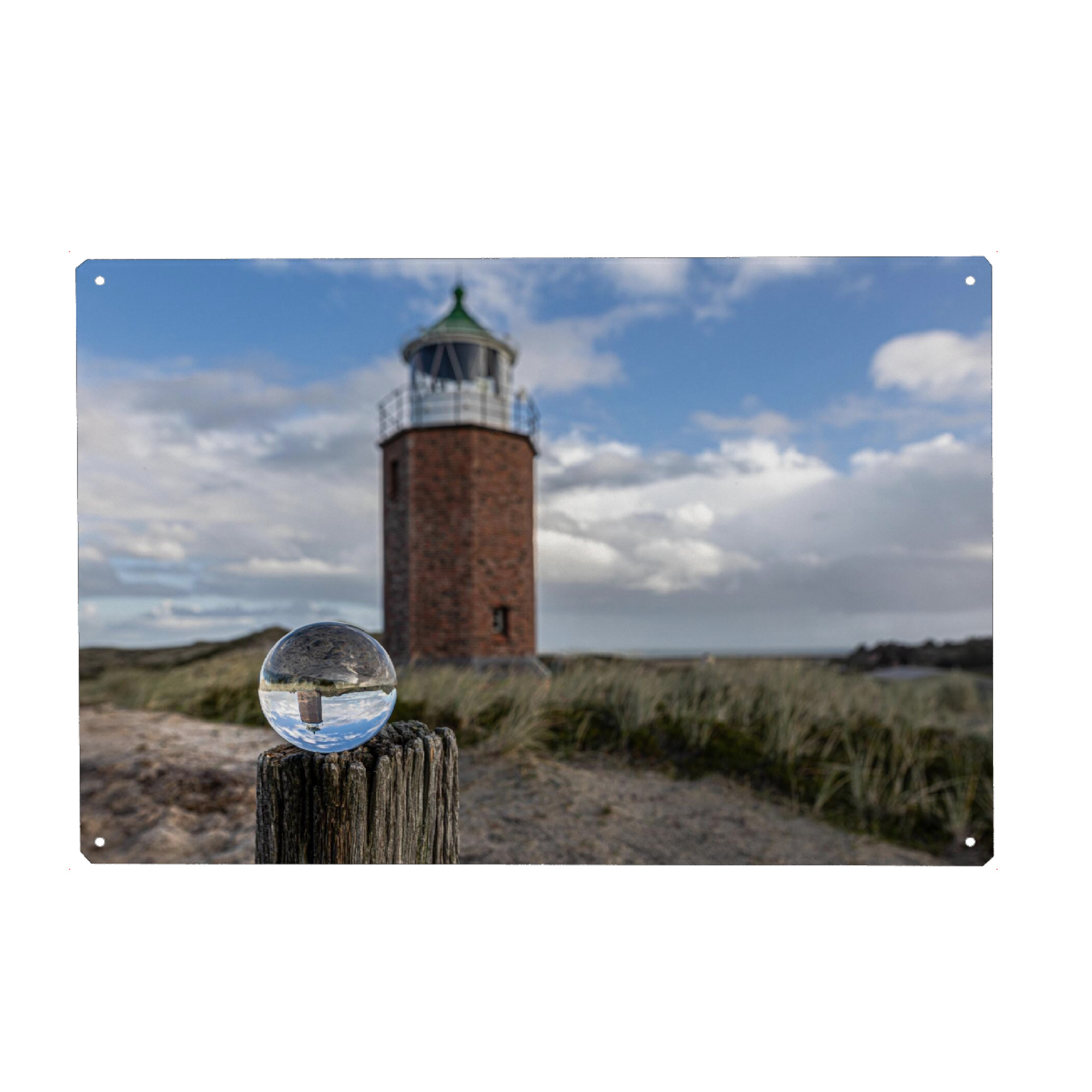 Metall Poster "Quermarkenfeuer in der Glaskugel" artboxONE - Reise / Strand und Meer - Leuchtturm,Meer,Sylt,Glaskugel,Himmel,Insel,Sea,Lighthouse
