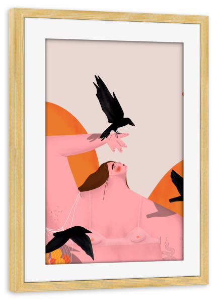 Poster mit Rahmen kiefer "Oh. Ofi - Vogelfreundin" artboxONE - Natur,Tiere,Menschen - Natur,Vögel,Mensch,Frau,Tier,Birds,Nature,People