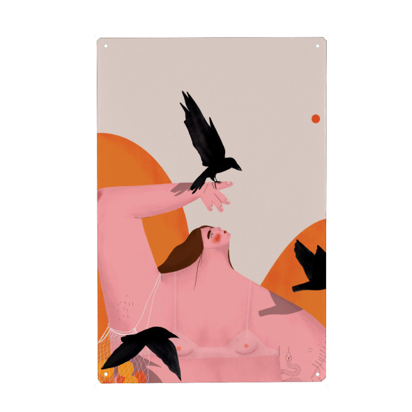 Holzbild "Oh. Ofi - Vogelfreundin" artboxONE - Natur,Tiere,Menschen - Natur,Vögel,Mensch,Frau,Tier,Birds,Nature,People