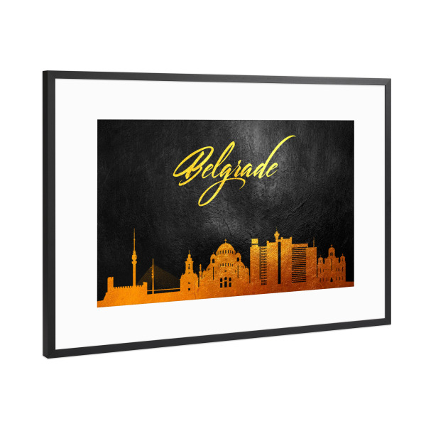 Poster mit Rahmen Schwarz (Metallic) "Belgrade Serbia Gold Skyline" artboxONE - Städte - Belgrade,Serbia,Gold,Skyline