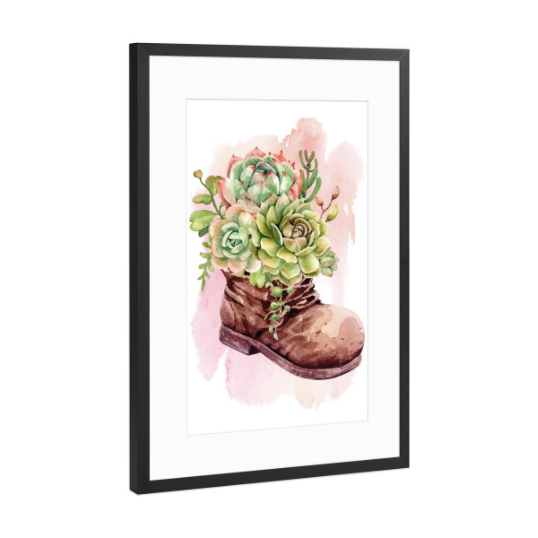 Poster mit Rahmen Schwarz (Metallic) "Kaktus Sukkulente im Schuh" artboxONE - Natur,Floral