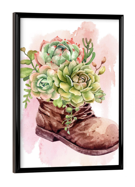 Poster mit schwarzem Rahmen "Kaktus Sukkulente im Schuh" artboxONE - Natur,Floral - Pflanze,Kaktus,Sukkulente,Schuh,Topf,Flora,Deko,Cactus,Show,Plant