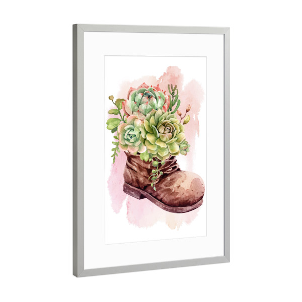 Poster mit Rahmen Silber "Kaktus Sukkulente im Schuh" artboxONE - Natur,Floral - Pflanze,Kaktus,Sukkulente,Schuh,Topf,Flora,Deko,Cactus,Show,Plant