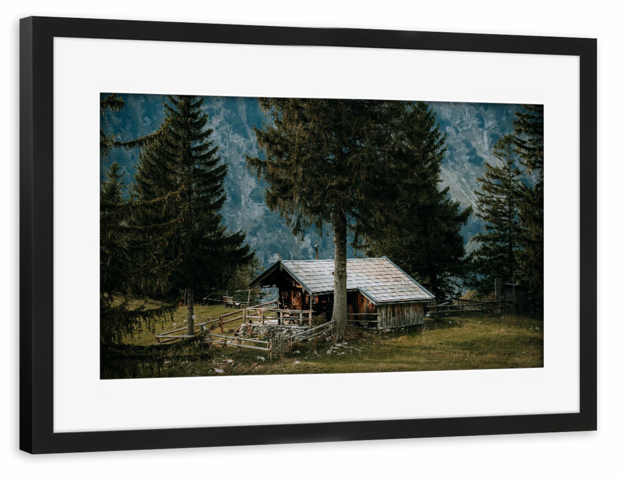 Poster mit Rahmen schwarz "Alm-Idylle in Bayern" artboxONE - Natur - Hütte,Alm,Berge,Bäume,Landschaft,Natur,Bayern,Deutschland,Wandern,Idylle