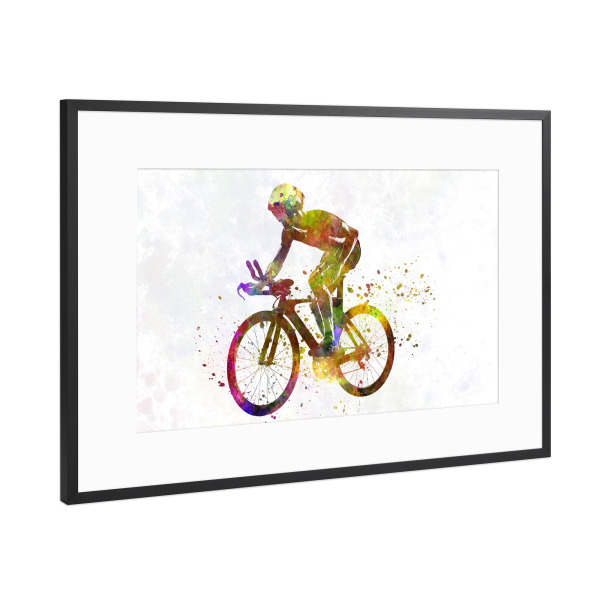 Poster mit Rahmen Schwarz (Metallic) "Cyclist road bike in watercolor" artboxONE - Sport