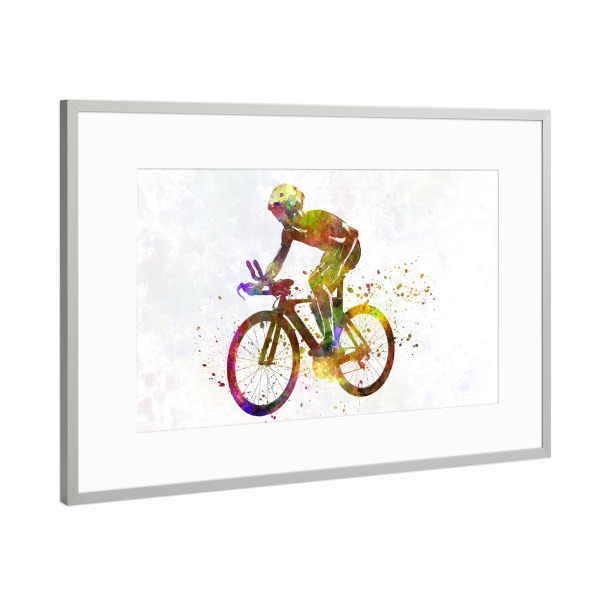 Poster mit Rahmen Silber "Cyclist road bike in watercolor" artboxONE - Sport - Sport,Sports,Athlete,Olympic,Color,Watercolor,Cyclist,Run,Bike,Bicycle
