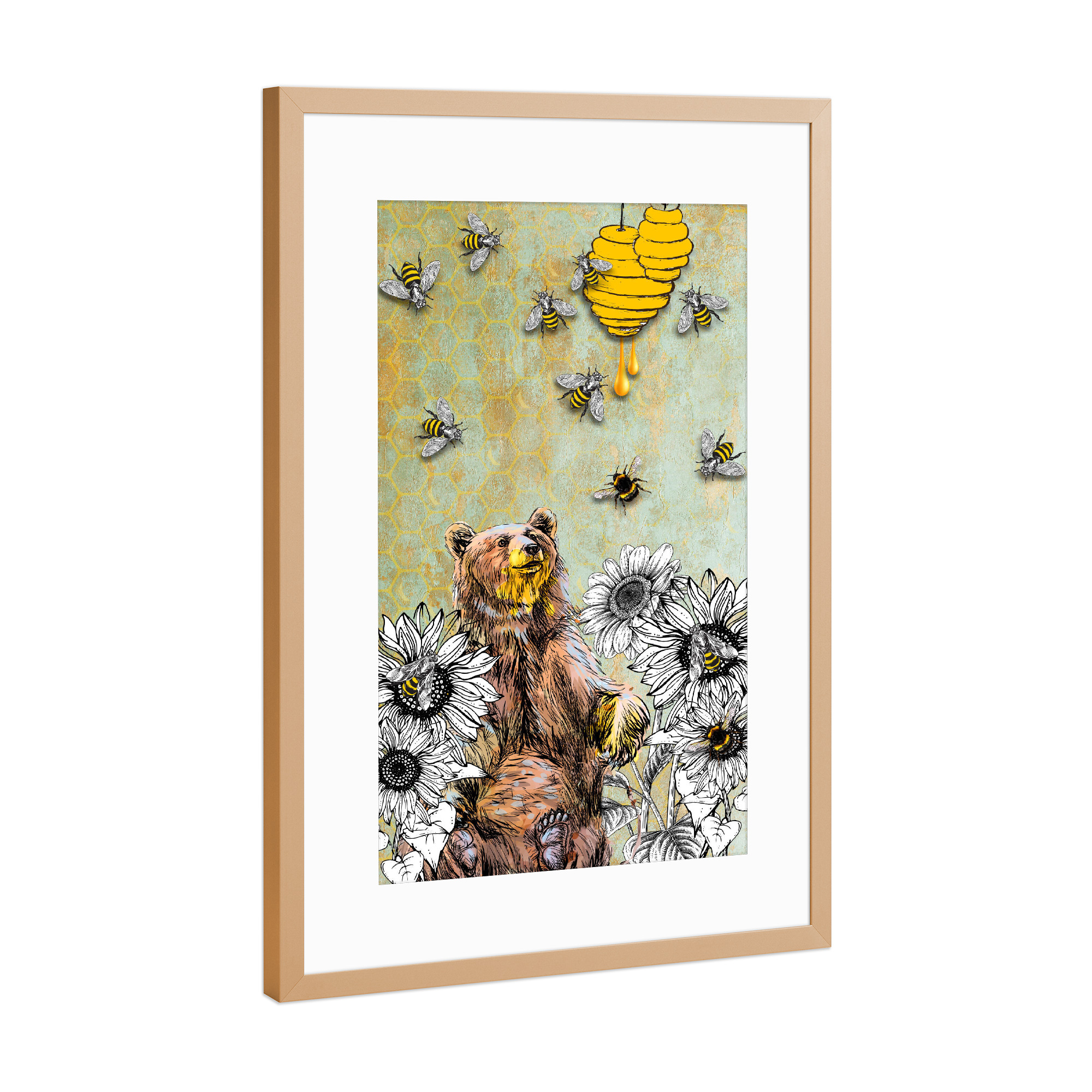 Poster mit Rahmen Kupfer "Bee Bear and honey" artboxONE - Für Kinder,Tiere - Bee,Bear,Honey,Flower,Plant,Tier,Animal,Bienen,Bär,Natur,Nature,Honig