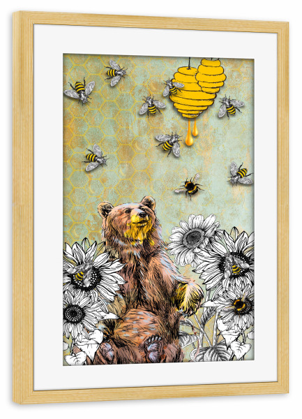 Poster mit Rahmen kiefer "Bee Bear and honey" artboxONE - Für Kinder,Tiere - Bee,Bear,Honey,Flower,Plant,Tier,Animal,Bienen,Bär,Natur,Nature,Honig